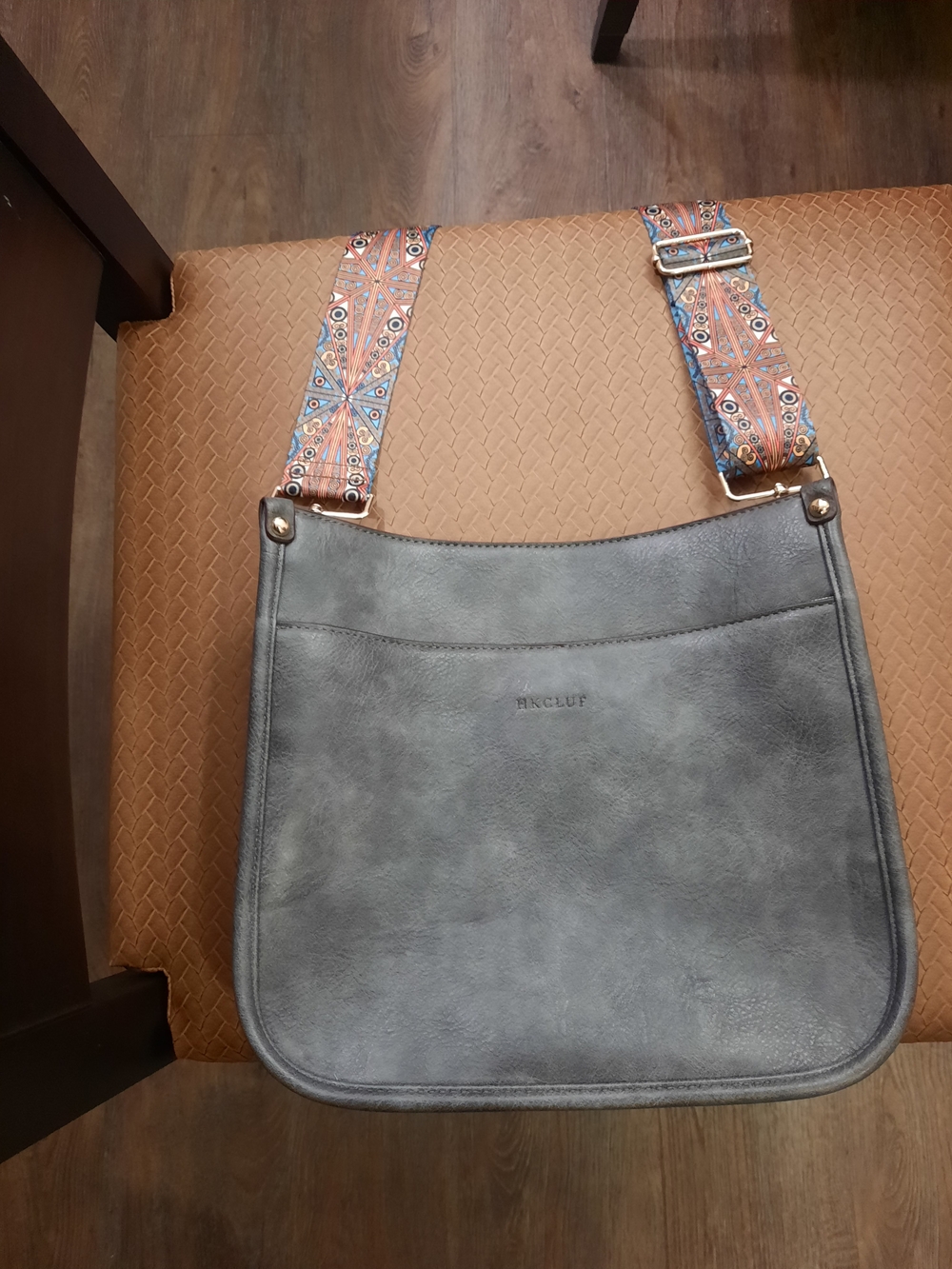 HKCLUF Gray Crossbody Bag with Patterned Strap